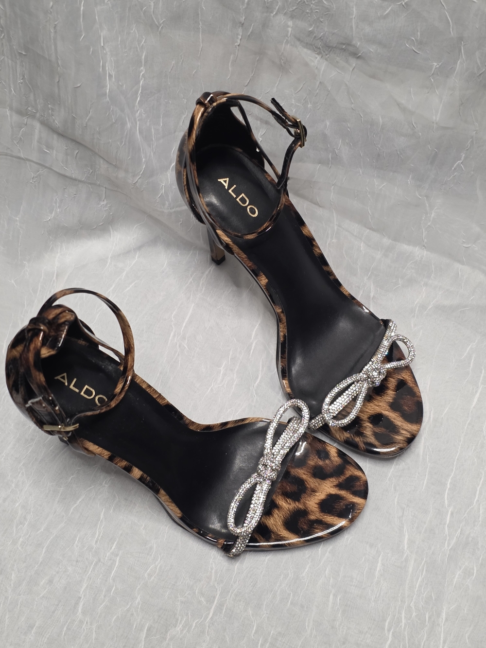 ALDO Leopard Print Ankle Strap Heels with Crystal Bow - Brown